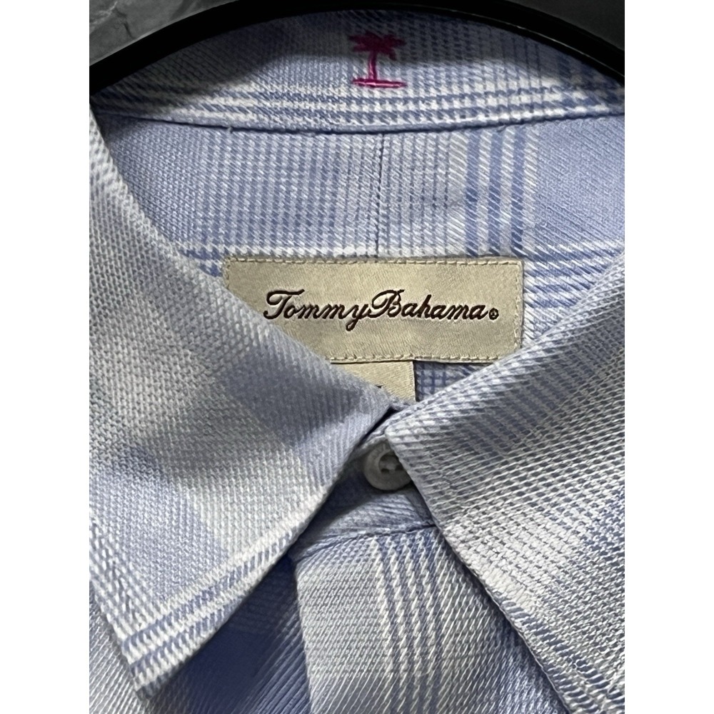 Tommy Bahama Men Size 17 34-35 Plaid Long Sleeve Button Shirt Baby Blue - Picture 2 of 7